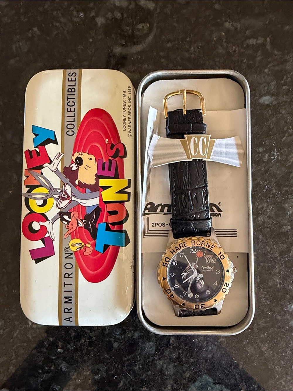 Armitron Vintage Black Strap Watch Gold-tone Bezel and Looney Tunes Dial JS-145